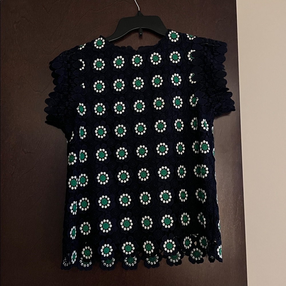 J. Crew Size XS Navy and Green Embroidered Floral Top